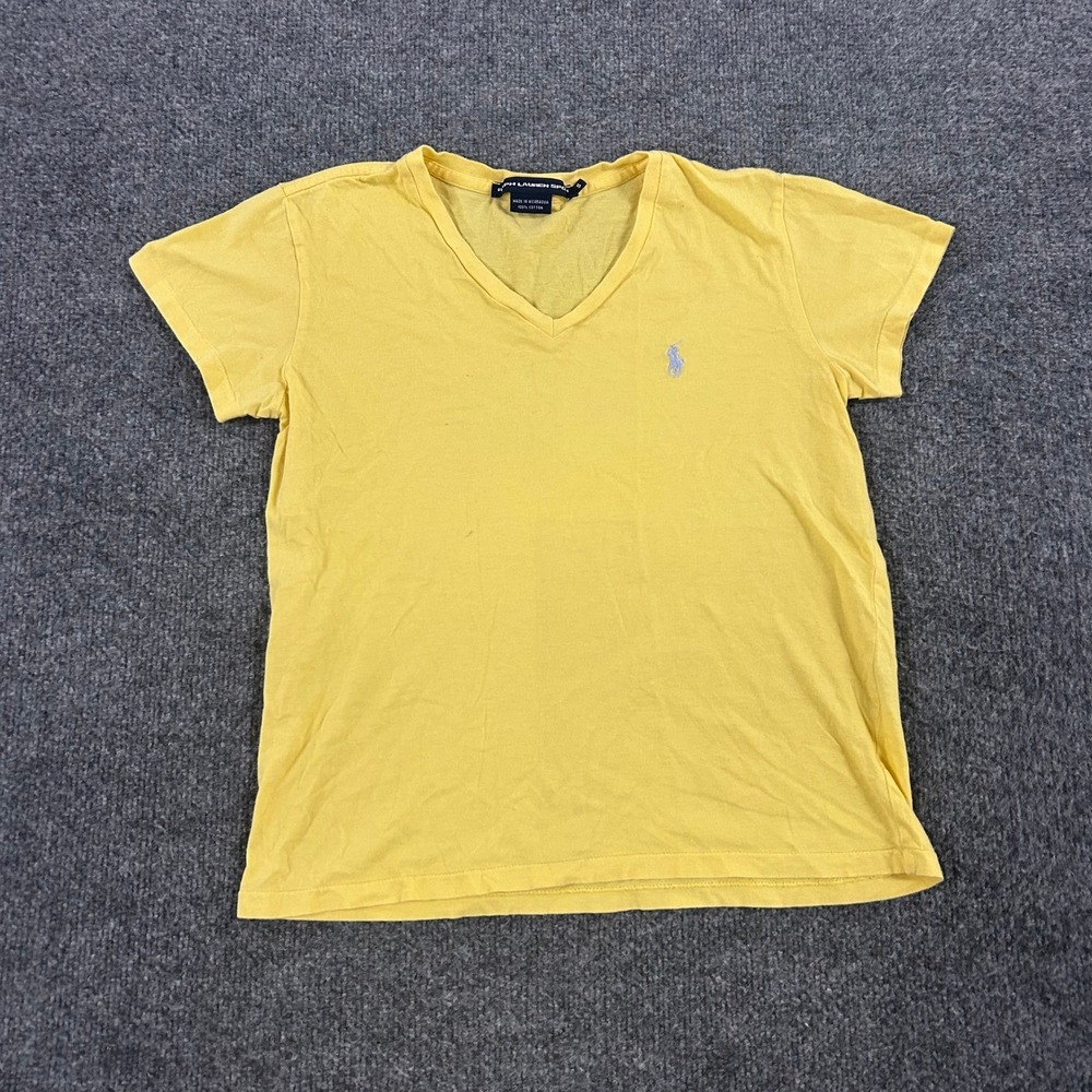 Ralph Lauren Sport T-Shirt Womens Size S Yellow Cotton V-Neck Short Sleeve Pony